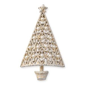 Vintage Christmas Tree Brooch Faux Pearl Flocked White Enamel Gold Tone Pin